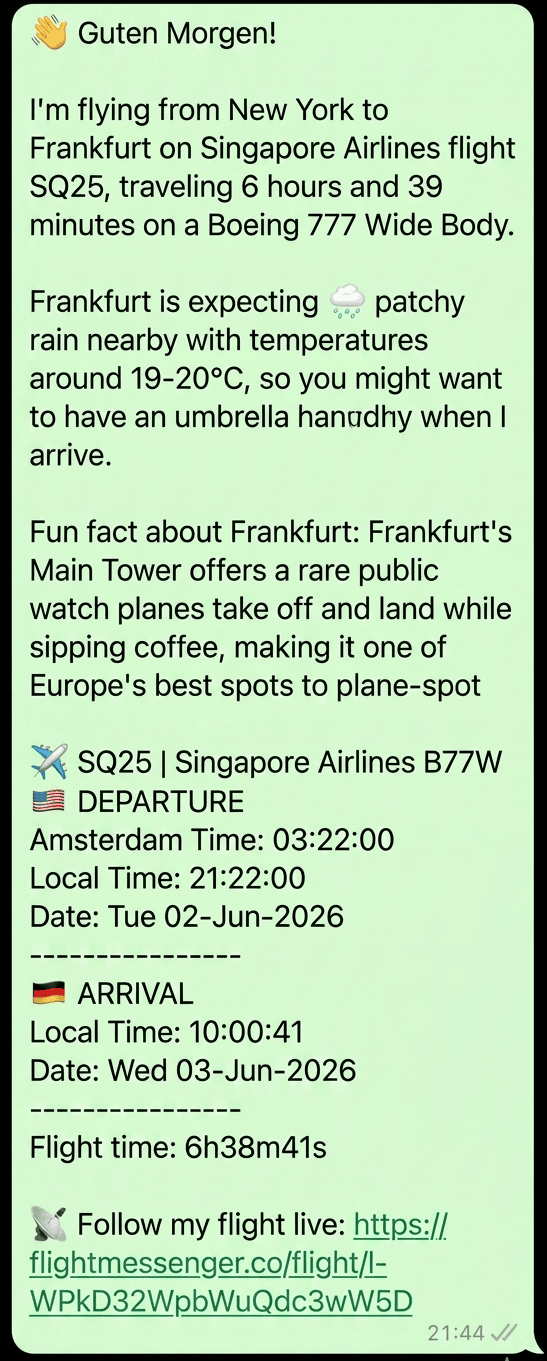 A FlightMessenger flight message with departure and arrival times, route, aircraft and destination weather